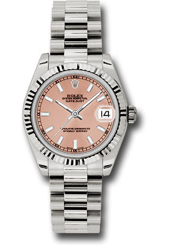 Rolex White Gold Datejust 31 Watch - Fluted Bezel - Pink Index Dial - President Bracelet 178279 pip