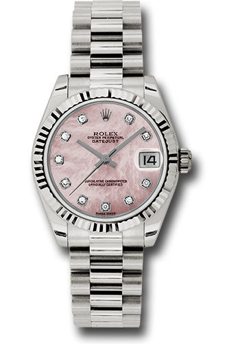 Rolex White Gold Datejust 31 Watch - Fluted Bezel - Pink Mother-Of-Pearl Diamond Dial - President Bracelet 178279 pmdp