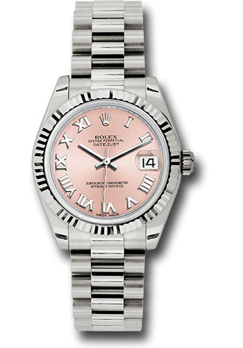 Rolex White Gold Datejust 31 Watch - Fluted Bezel - Pink Roman Dial - President Bracelet 178279 prp