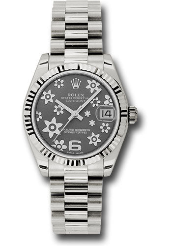 Rolex White Gold Datejust 31 Watch - Fluted Bezel - Dark Rhodium Floral Motif Dial - President Bracelet 178279 rfp