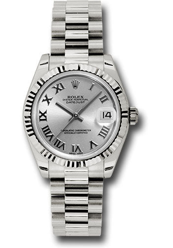 Rolex White Gold Datejust 31 Watch - Fluted Bezel - Rhodium Roman Dial - President Bracelet 178279 rrp