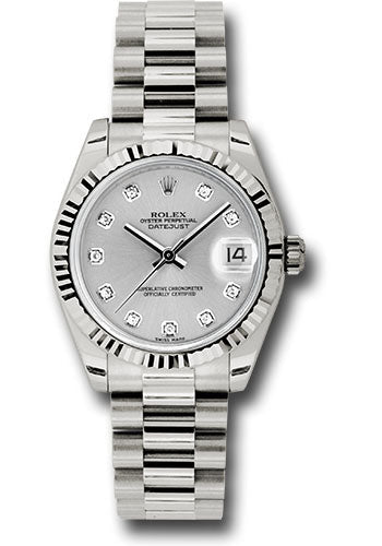 Rolex White Gold Datejust 31 Watch - Fluted Bezel - Silver Diamond Dial - President Bracelet 178279 sdp