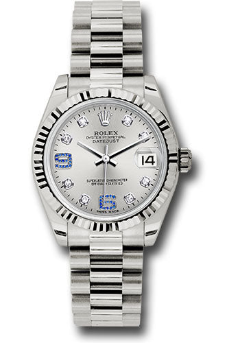 Rolex White Gold Datejust 31 Watch - Fluted Bezel - Silver Diamond Sapphire 6 And 9 Diamond Dial - President Bracelet 178279 sdsap