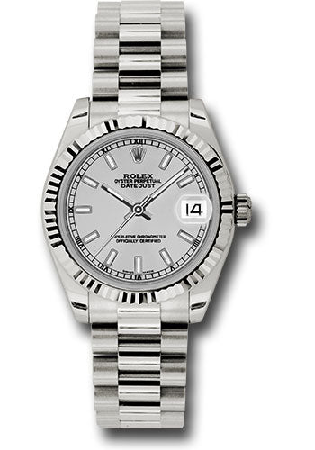 Rolex White Gold Datejust 31 Watch - Fluted Bezel - Silver Index Dial - President Bracelet 178279 sip