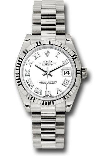 Rolex White Gold Datejust 31 Watch - Fluted Bezel - White Roman Dial - President Bracelet 178279 wrp