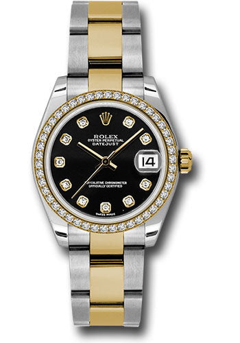 Rolex Steel and Yellow Gold Datejust 31 Watch - 46 Diamond Bezel - Black Diamond Dial - Oyster Bracelet 178383 bkdo