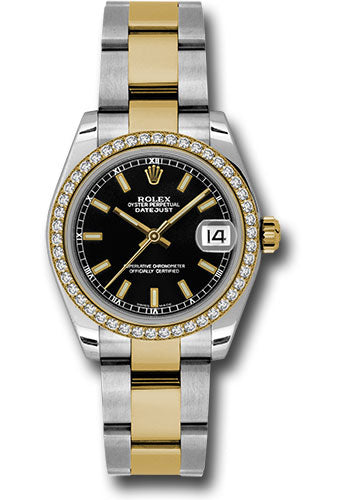 Rolex Steel and Yellow Gold Datejust 31 Watch - 46 Diamond Bezel - Black Index Dial - Oyster Bracelet 178383 bkio