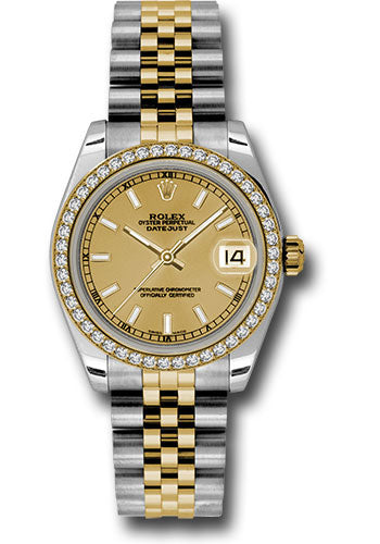 Rolex Steel and Yellow Gold Datejust 31 Watch - 46 Diamond Bezel - Champagne Index Dial - Jubilee Bracelet 178383 chij