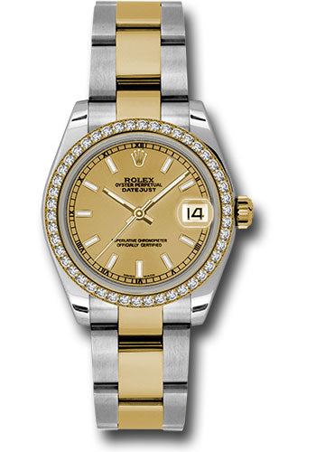 Rolex Steel and Yellow Gold Datejust 31 Watch - 46 Diamond Bezel - Champagne Index Dial - Oyster Bracelet 178383 chio