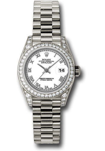 Rolex White Gold Lady-Datejust 26 Watch - 42 Diamond Bezel - White Roman Dial - President Bracelet - 179159 wrp