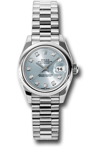 Rolex Platinum Lady-Datejust 26 Watch - Domed Bezel - Glacier Blue Diamond Dial - President Bracelet - 179166 gbdp