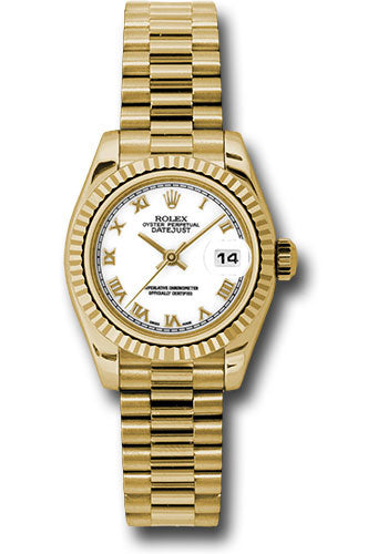 Rolex Yellow Gold Lady-Datejust 26 Watch - Fluted Bezel - White Roman Dial - President Bracelet - 179178 wrp