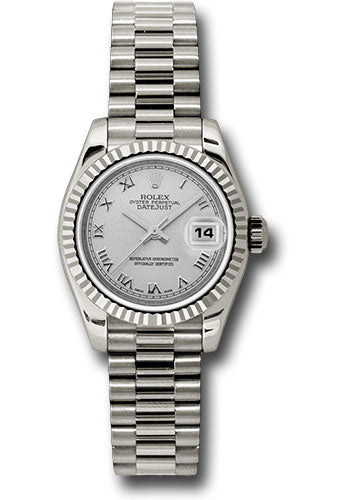 Rolex White Gold Lady-Datejust 26 Watch - Fluted Bezel - Silver Roman Dial - President Bracelet - 179179 srp