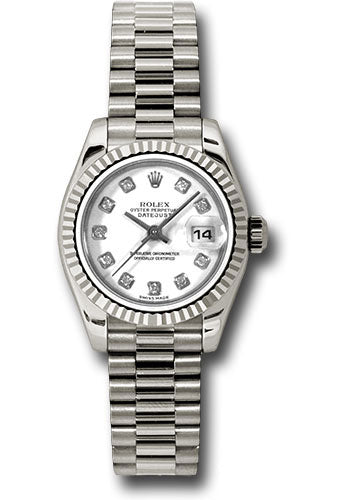 Rolex White Gold Lady-Datejust 26 Watch - Fluted Bezel - White Diamond Dial - President Bracelet - 179179 wdp