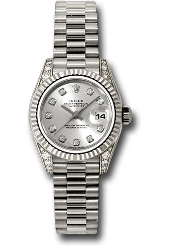 Rolex White Gold Lady-Datejust 26 Watch - Fluted Bezel - Silver Diamond Dial - President Bracelet - 179239 sdp