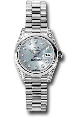 Rolex Platinum Lady-Datejust 26 Watch - Domed Bezel - Glacier Blue Diamond Dial - President Bracelet - 179296 gbdp