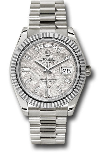 Rolex White Gold Day-Date 40 Watch - Fluted Bezel - Meteorite Baguette Diamond Dial - President Bracelet - 228239 mtdp