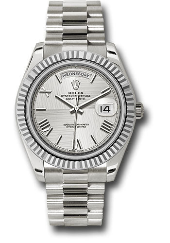 Rolex White Gold Day-Date 40 Watch - Fluted Bezel - Silver Quadrant Motif Bevelled Roman Dial - President Bracelet - 228239 sqmrp