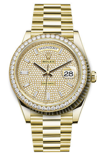 Rolex Yellow Gold Day-Date 40 Watch - Diamond Bezel - Diamond-Paved Dial - President Bracelet - 228348rbr dpbdp