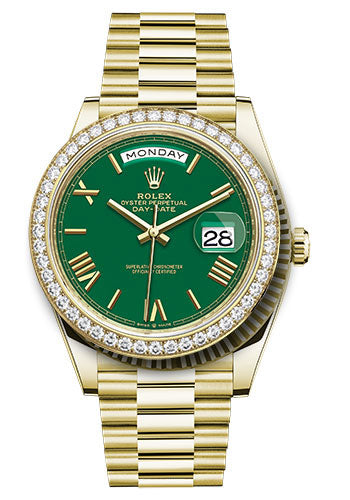 Rolex Yellow Gold Day-Date 40 Watch - Diamond Bezel - Green Roman Dial - President Bracelet - 228348rbr grrp