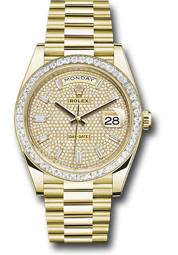 Rolex Yellow Gold Day-Date 40 Watch - Diamond Bezel - Diamond-Paved Dial - President Bracelet - 228398tbr dpbdp