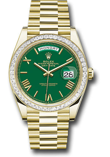 Rolex Yellow Gold Day-Date 40 Watch - Diamond Bezel - Green Roman Dial - President Bracelet - 228398tbr grrp