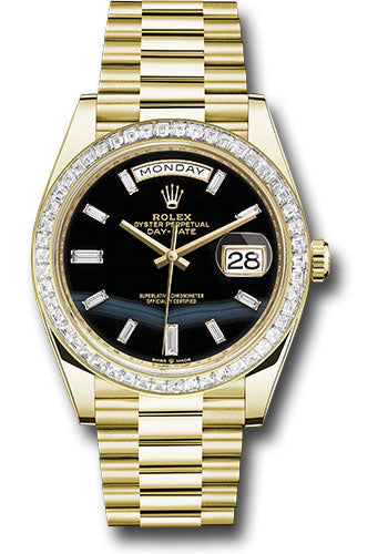 Rolex Yellow Gold Day-Date 40 Watch - Diamond Bezel - Onyx Dial - President Bracelet - 228398tbr onbdp