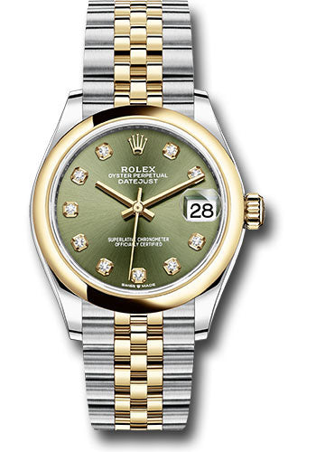 Rolex Steel and Yellow Gold Datejust 31 Watch - Domed Bezel - Olive Green Diamond Dial - Jubilee Bracelet 278243 ogdj