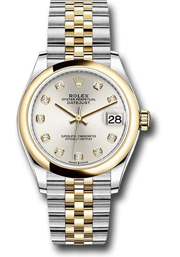 Rolex Steel and Yellow Gold Datejust 31 Watch - Domed Bezel - Silver Diamond Dial - Jubilee Bracelet 278243 sdj