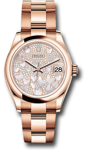 Rolex Everose Gold Datejust 31 Watch - Domed Bezel - Diamond Paved Butterfly Dial - Oyster Bracelet 278245 pmopbo