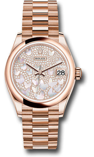 Rolex Everose Gold Datejust 31 Watch - Domed Bezel - Diamond Paved Butterfly Dial - President Bracelet 278245 pmopbp