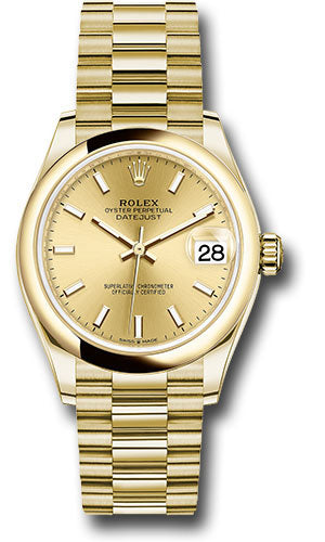 Rolex Yellow Gold Datejust 31 Watch - Domed Bezel - Champagne Index Dial - President Bracelet 278248 chip