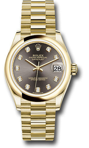 Rolex Yellow Gold Datejust 31 Watch - Domed Bezel - Dark Grey Diamond Dial - President Bracelet 278248 dkgdp