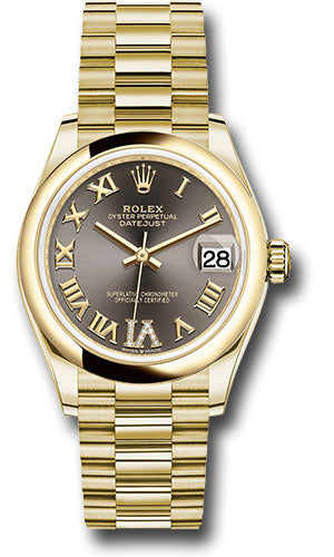 Rolex Yellow Gold Datejust 31 Watch - Domed Bezel - Dark Grey Diamond Six Dial - President Bracelet 278248 dkgdr6p