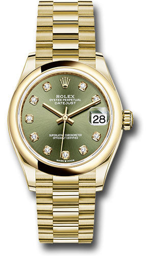 Rolex Yellow Gold Datejust 31 Watch - Domed Bezel - Olive Green Diamond Dial - President Bracelet 278248 ogdp