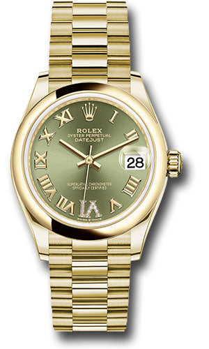 Rolex Yellow Gold Datejust 31 Watch - Domed Bezel - Olive Green Diamond Six Dial - President Bracelet 278248 ogdr6p