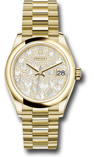 Rolex Yellow Gold Datejust 31 Watch - Domed Bezel - Paved Mother-of-Pearl Butterfly Dial - President Bracelet 278248 pmopbp