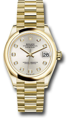 Rolex Yellow Gold Datejust 31 Watch - Domed Bezel - Silver Diamond Dial - President Bracelet 278248 sdp