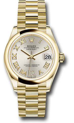 Rolex Yellow Gold Datejust 31 Watch - Domed Bezel - Silver Diamond Six Dial - President Bracelet 278248 sdr6p