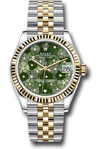 Rolex Yellow Rolesor Datejust 31 Watch - Fluted Bezel - Olive Green Floral Motif Diamond 6 Dial - Jubilee Bracelet 278273 ogflomdj