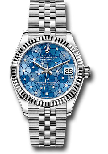 Rolex White Rolesor Datejust 31 Watch - Fluted Bezel - Azzurro Blue Floral Motif Diamond Dial - Jubilee Bracelet 278274 azflomdj