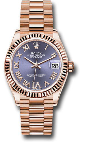 Rolex Everose Gold Datejust 31 Watch - Fluted Bezel - Aubergine Diamond Six Dial - President Bracelet 278275 aubdr6p