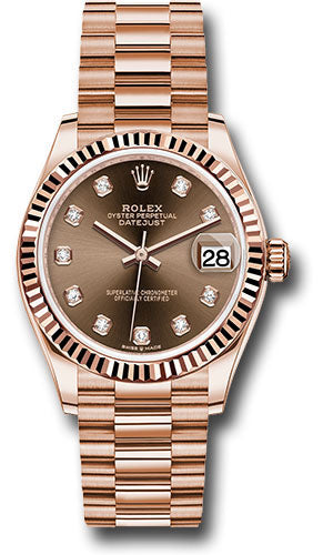 Rolex Everose Gold Datejust 31 Watch - Fluted Bezel - Chocolate Diamond Dial - President Bracelet 278275 chodp