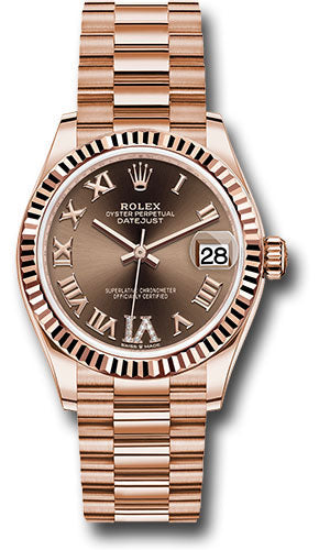 Rolex Everose Gold Datejust 31 Watch - Fluted Bezel - Chocolate Diamond Six Dial - President Bracelet 278275 chodr6p