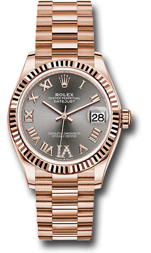 Rolex Everose Gold Datejust 31 Watch - Fluted Bezel - Rhodium Diamond Six Dial - President Bracelet 278275 dkrhdr6p