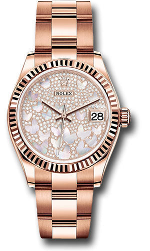 Rolex Everose Gold Datejust 31 Watch - Fluted Bezel - Diamond Paved Butterfly Dial - Oyster Bracelet 278275 pmopbo