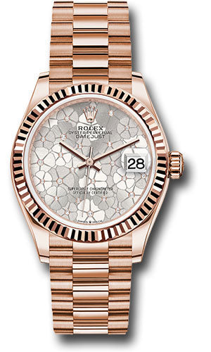 Rolex Everose Gold Datejust 31 Watch - Fluted Bezel - Silver Floral Motif Diamond Dial - President Bracelet 278275 sflomdp