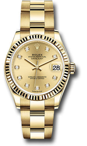 Rolex Yellow Gold Datejust 31 Watch - Fluted Bezel - Champagne Diamond Dial - Oyster Bracelet 278278 chdo