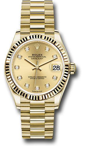 Rolex Yellow Gold Datejust 31 Watch - Fluted Bezel - Champagne Diamond Dial - President Bracelet 278278 chdp