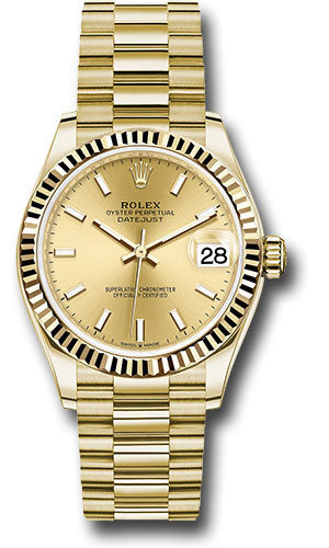 Rolex Yellow Gold Datejust 31 Watch - Fluted Bezel - Champagne Index Dial - President Bracelet 278278 chip